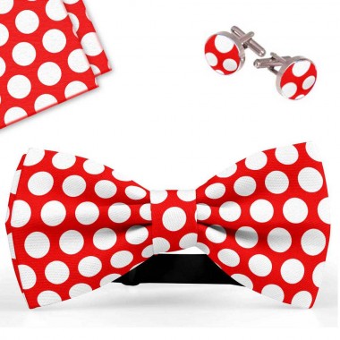 Set papion barbati, batista, butoni, rosu, buline albe, mari